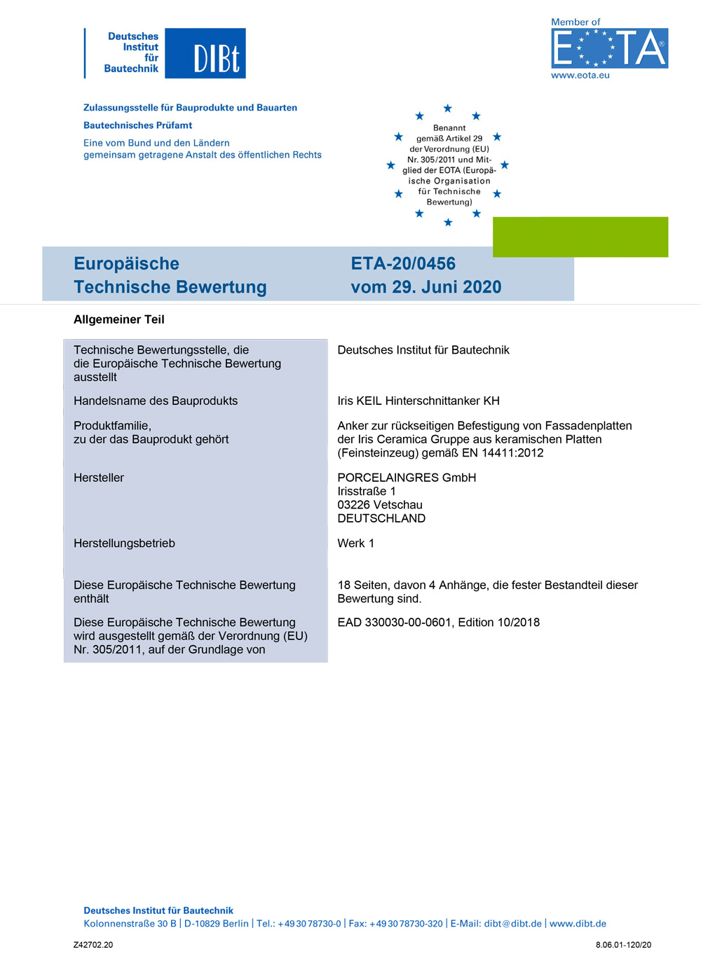 Zertifikat Keramikfassade mit Unterkonstruktion